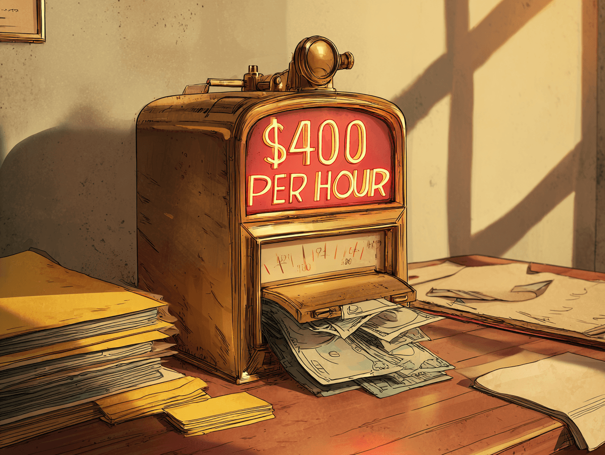 Editorial illustration of a $400 per hour billable meter on a desk